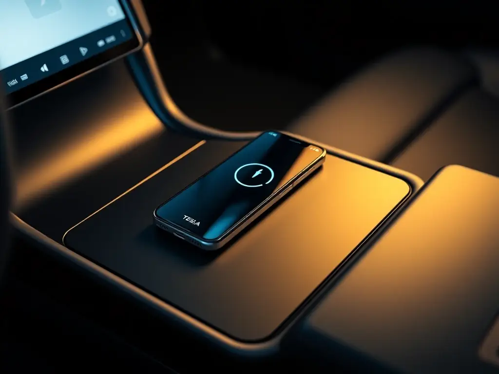 An image featuring RAYLUXE's wireless charging pad in a Tesla Model S, showing a smartphone charging seamlessly on the pad.